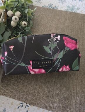 Ted Baker Black Floral Zip Makeup Case with Pink Blooms